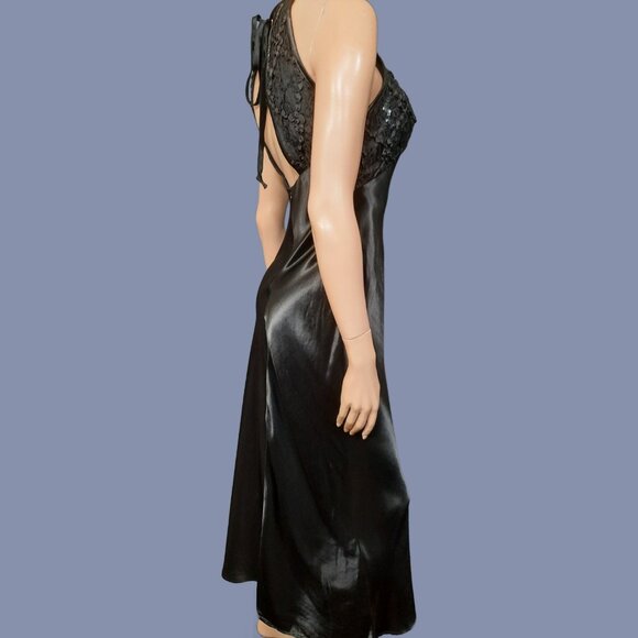 Vintage 80s Black Satin Art Deco Dress Womens S Sleeveless Full Length Evening - Picture 6 of 8
